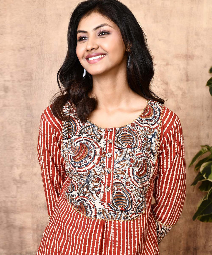 Maroon stripe ajrakh hand printed cotton kurti