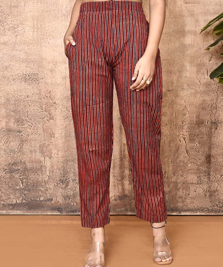 Maroon striped ajrakh hand printed cotton pant