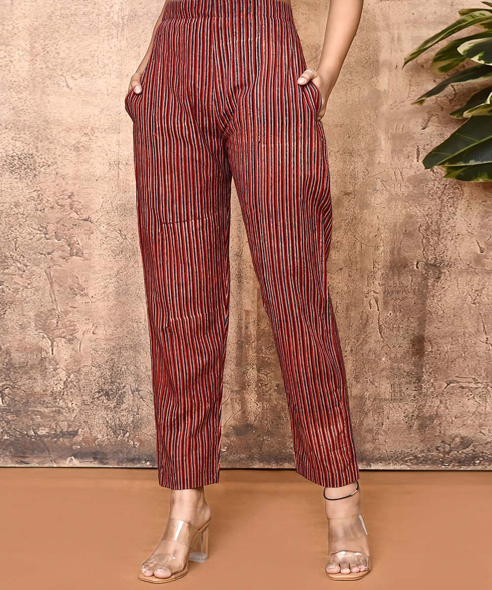 Maroon striped ajrakh hand printed cotton pant