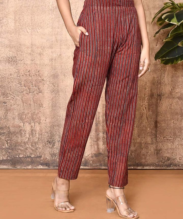 Maroon striped ajrakh hand printed cotton pant