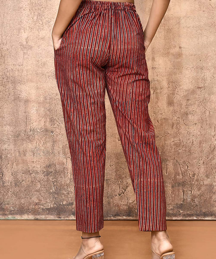 Maroon striped ajrakh hand printed cotton pant