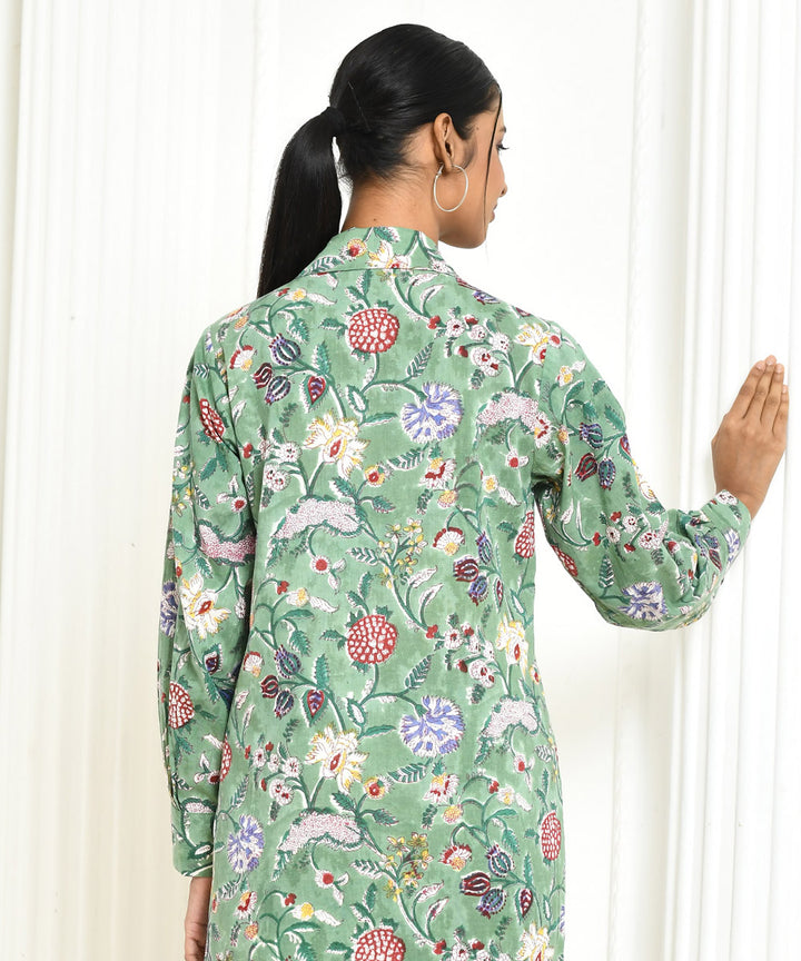 Green floral handblock printed cotton shirt