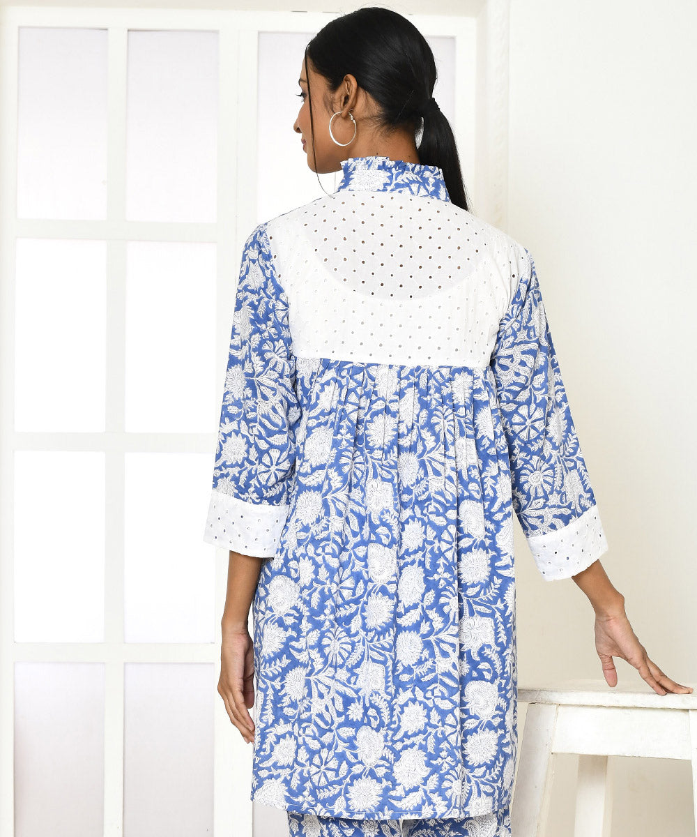 Blue white floral handblock printed cotton shirt