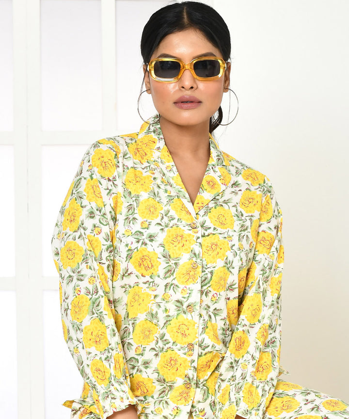 Yellow floral handblock printed cotton shirt