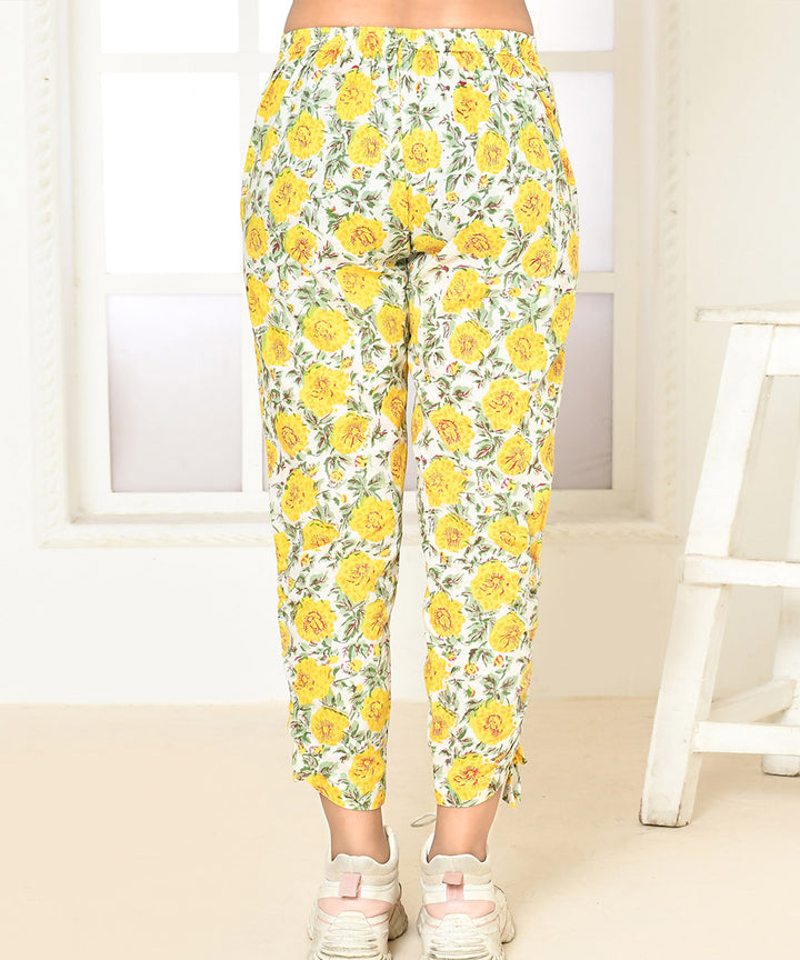 Yellow floral handblock printed cotton pant