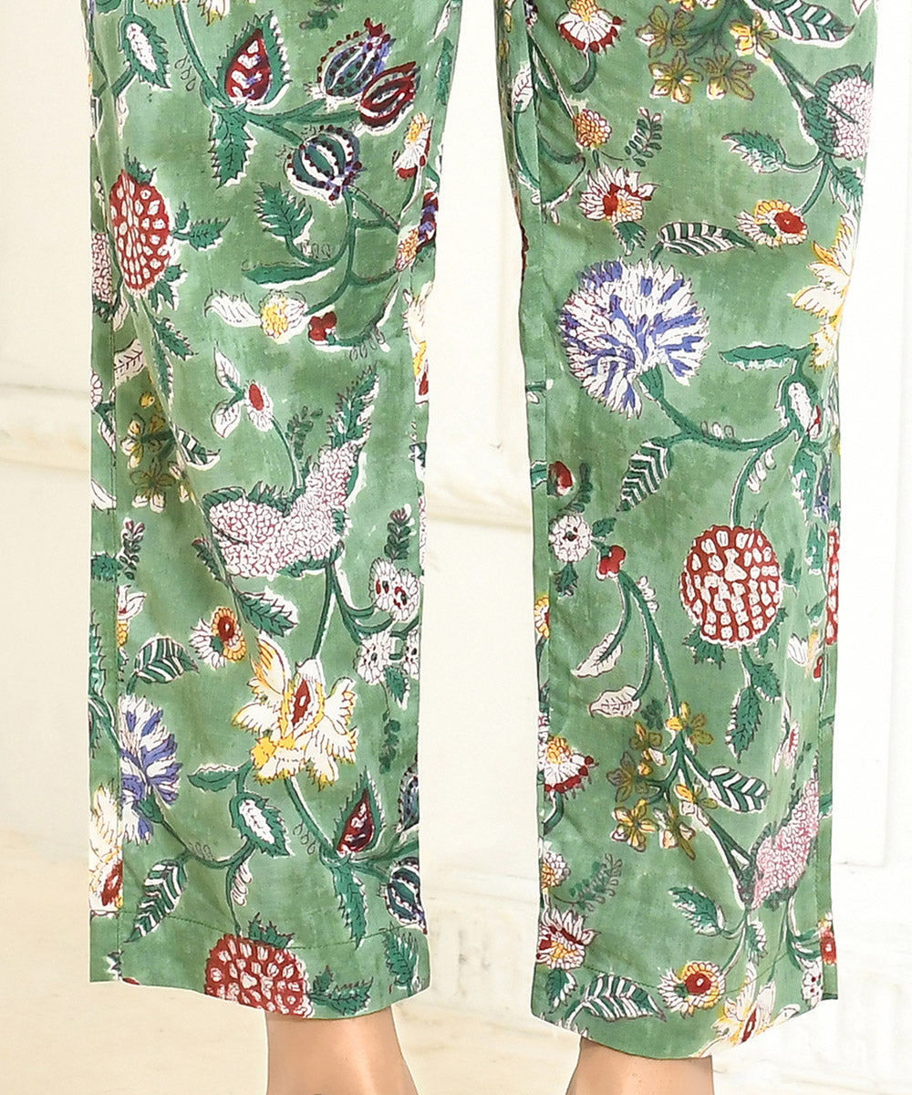 Green floral handblock printed cotton pant
