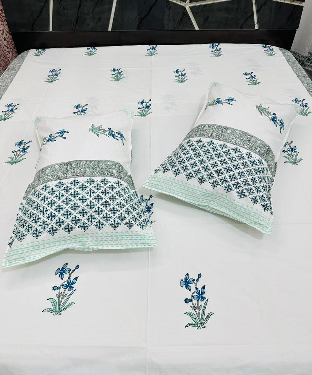 Sky blue on white sanganeri block printed cotton king size bedsheet