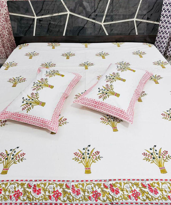 Pink white cotton sanganeri block printed king size bedsheet