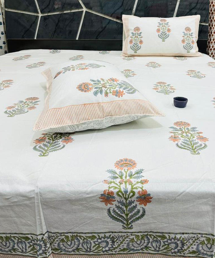 Multicolor white sanganeri block printed king size bedsheet