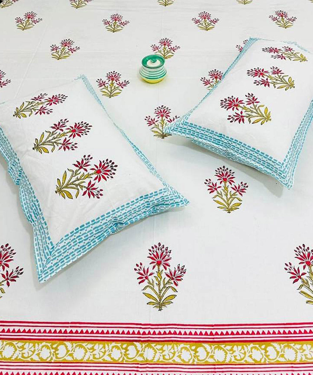 Multicolor white sanganeri block printed king size cotton bedsheet