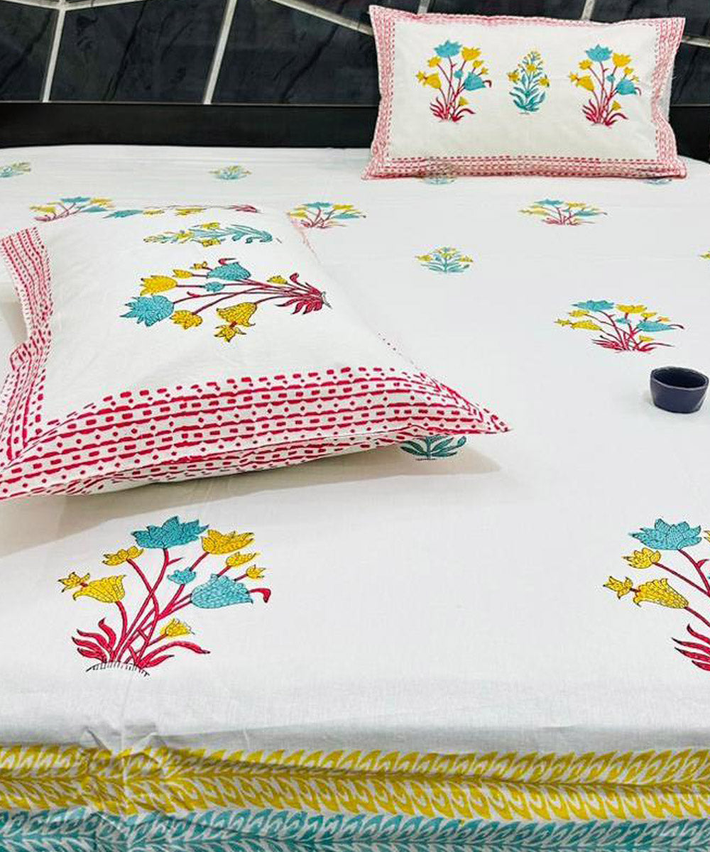Multicolor sanganeri block printed cotton king size bedsheet