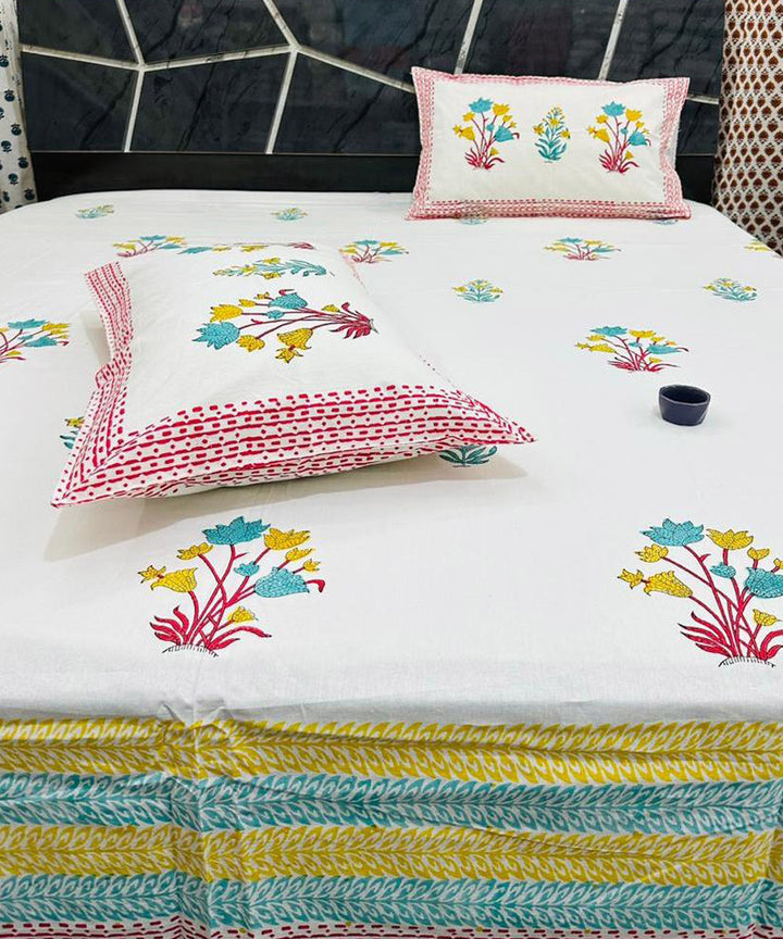 Multicolor sanganeri block printed cotton king size bedsheet