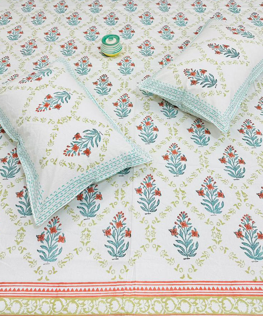 Sky blue sanganeri block printed king size cotton bedsheet