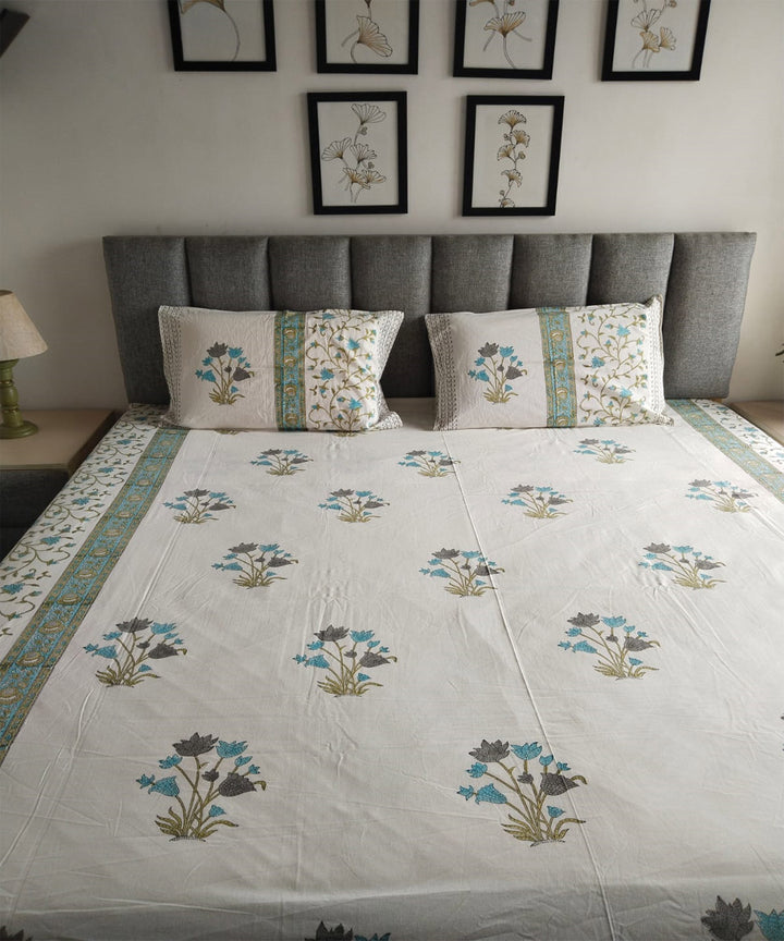 Green white hand block printed cotton double bed king size bedsheet