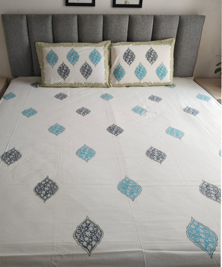 Sky blue white hand block printed cotton double bed king size bedsheet