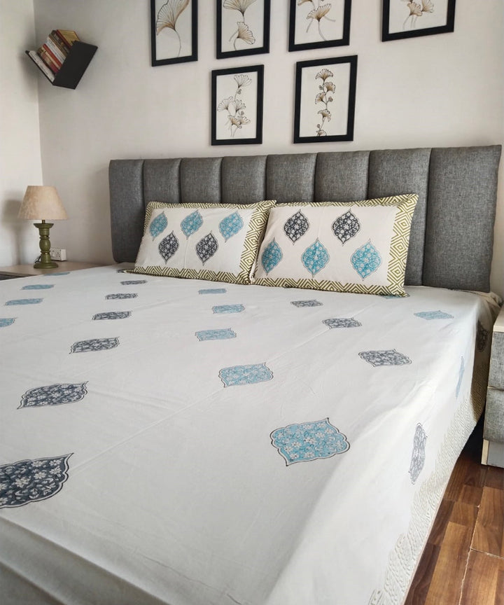Sky blue white hand block printed cotton double bed king size bedsheet