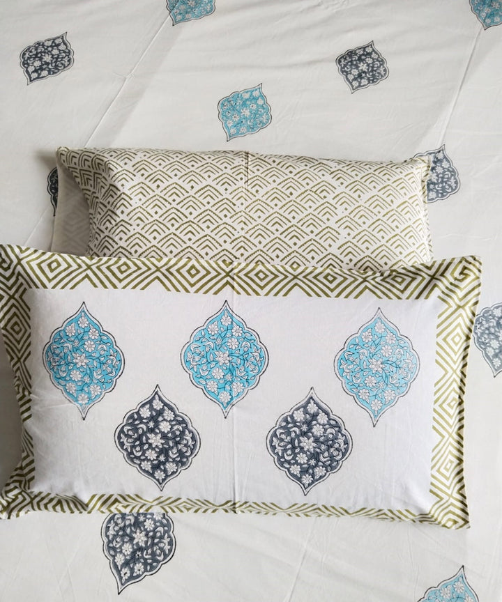 Sky blue white hand block printed cotton double bed king size bedsheet