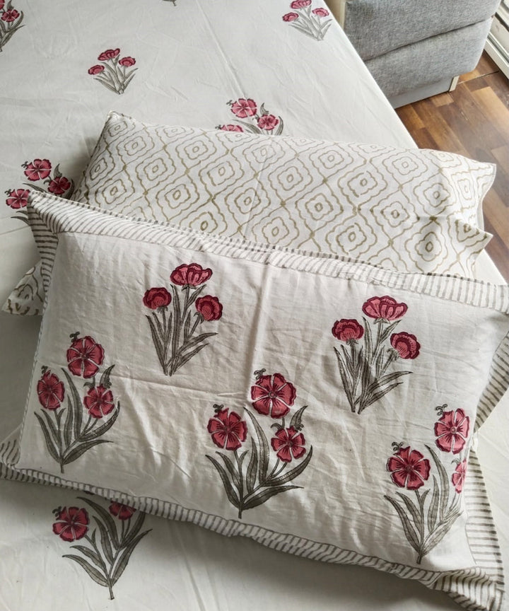 Red white hand block printed cotton double bed king size bedsheet