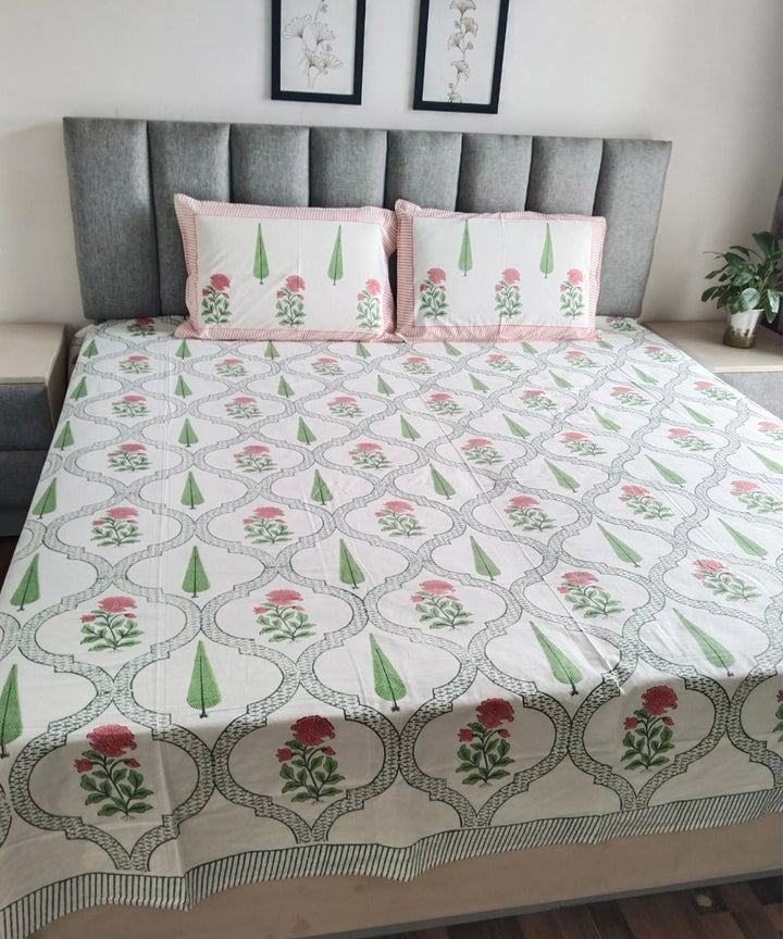 Dark green white block printed cotton double bed king size bedsheet