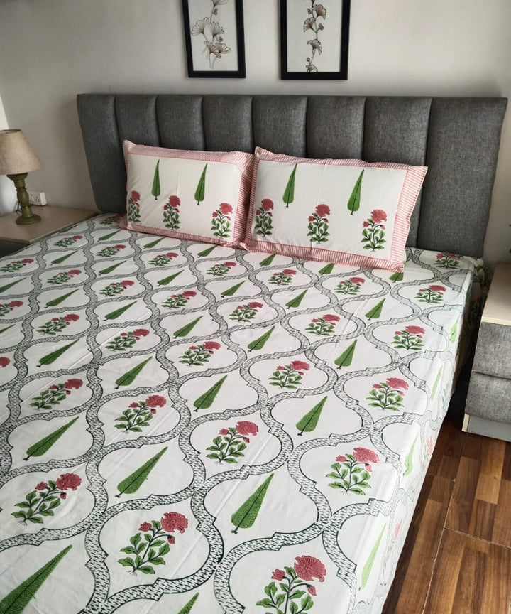 Dark green white block printed cotton double bed king size bedsheet