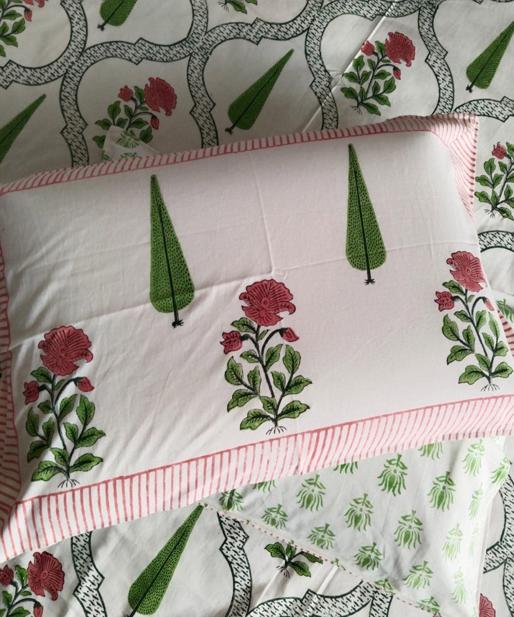 Dark green white block printed cotton double bed king size bedsheet