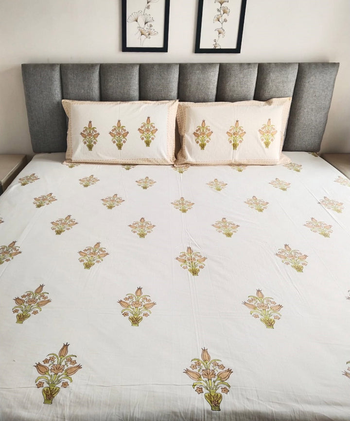 Yellow white cotton hand block printed double bed king size bedsheet