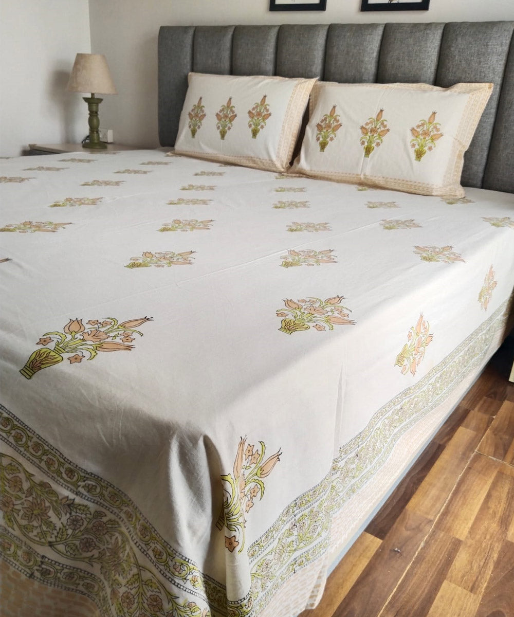 Yellow white cotton hand block printed double bed king size bedsheet