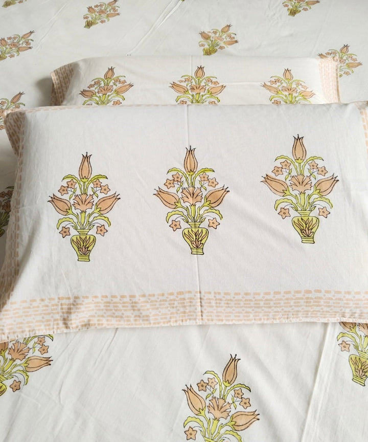 Yellow white cotton hand block printed double bed king size bedsheet