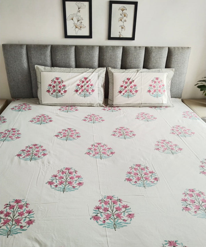 Pink white cotton hand block printed double bed king size bedsheet