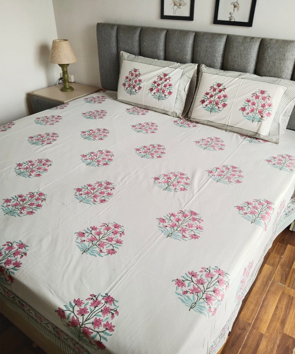Pink white cotton hand block printed double bed king size bedsheet