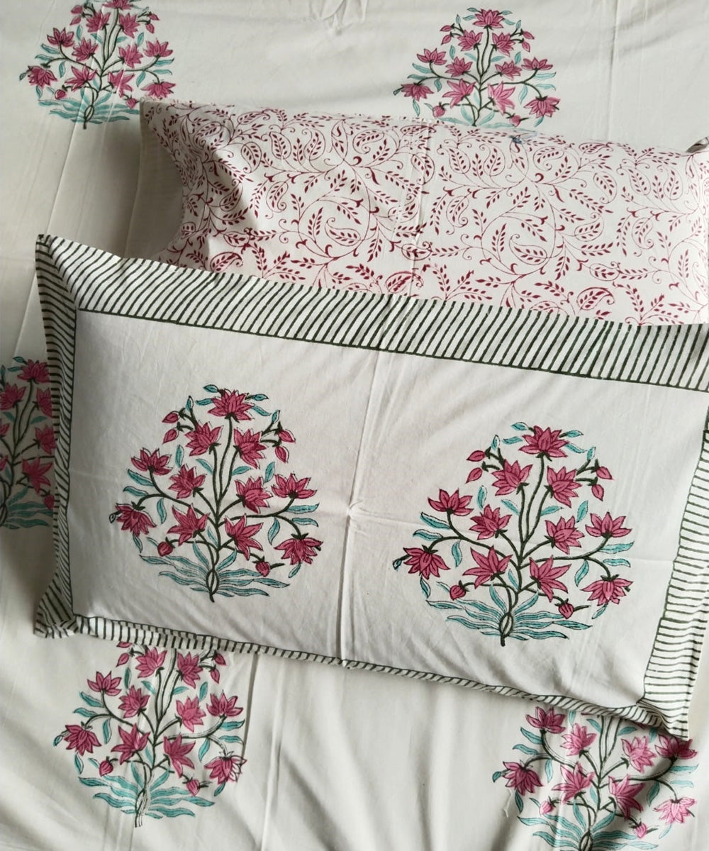 Pink white cotton hand block printed double bed king size bedsheet