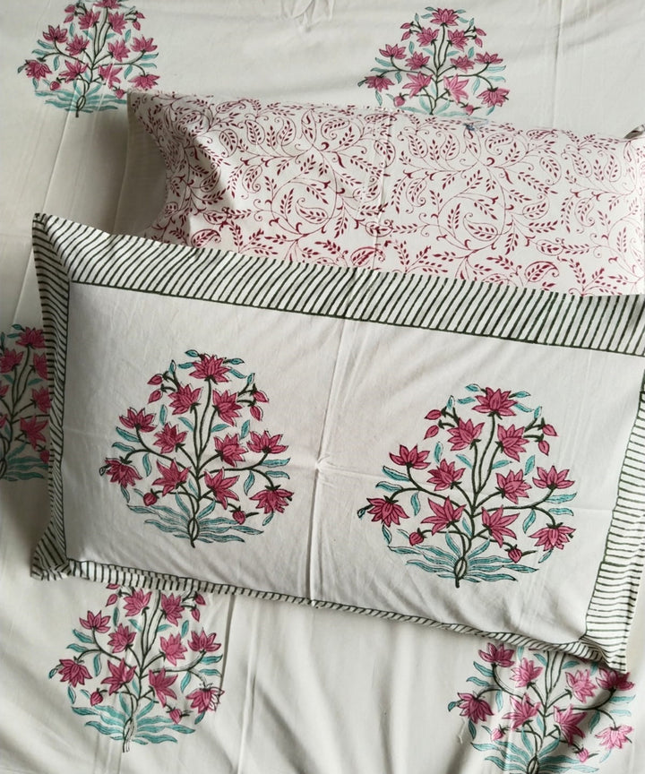 Pink white cotton hand block printed double bed king size bedsheet