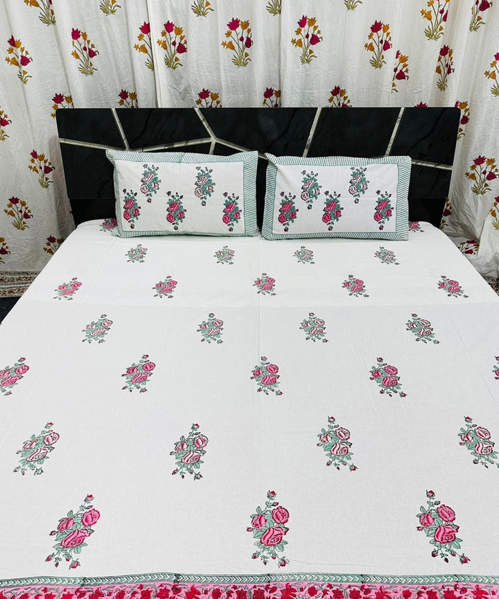 Pink white hand block printed cotton double bed king size bedsheet