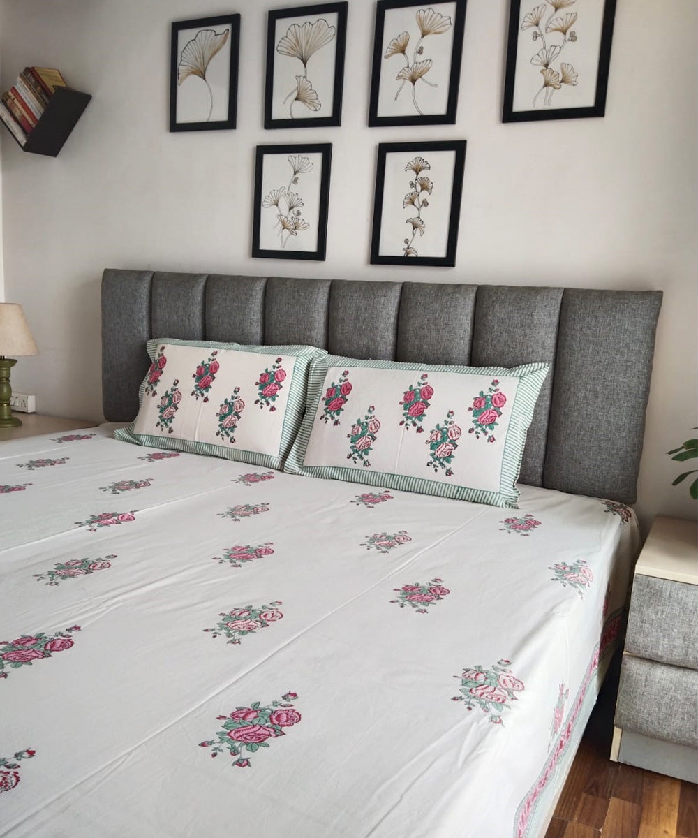 Pink white hand block printed cotton double bed king size bedsheet