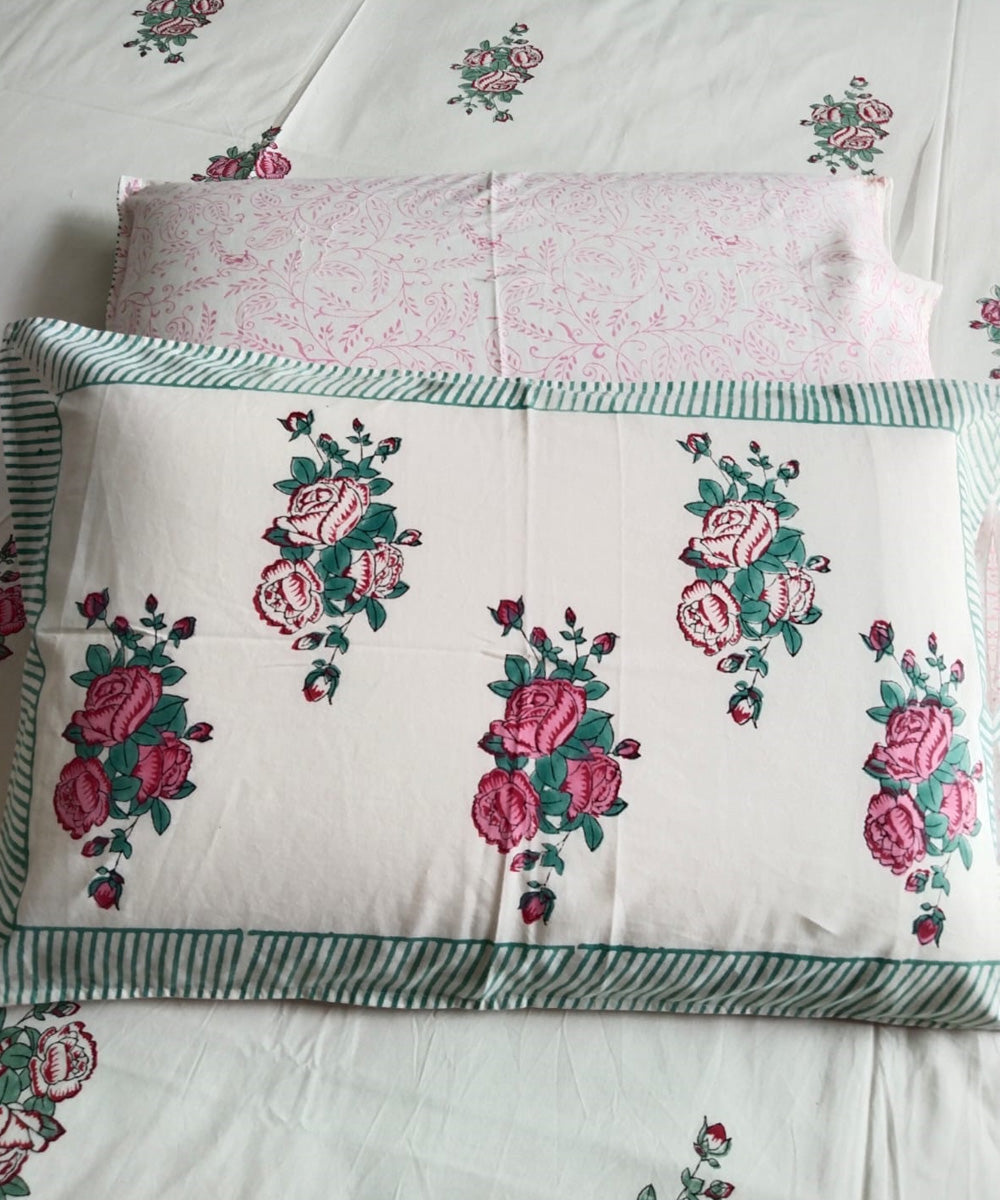 Pink white hand block printed cotton double bed king size bedsheet