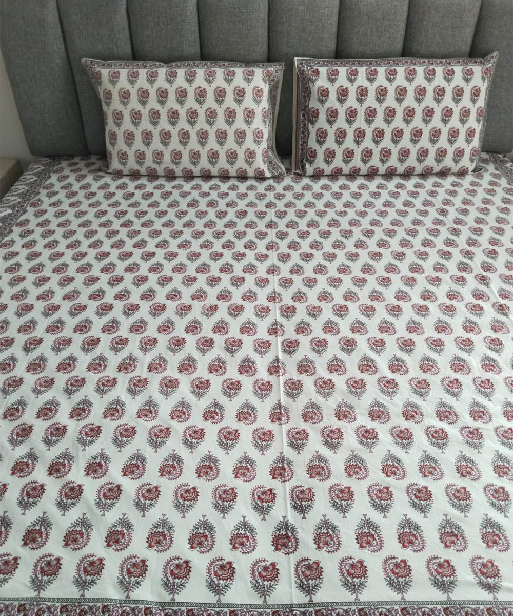 Red white cotton hand block printed double bed bedsheet