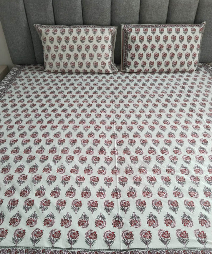 Red white cotton hand block printed double bed bedsheet