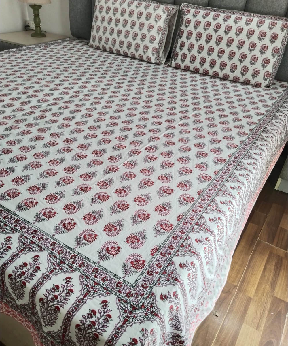 Red white cotton hand block printed double bed bedsheet