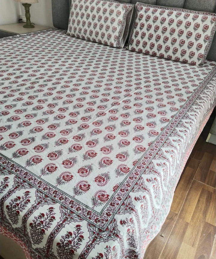 Red white cotton hand block printed double bed bedsheet