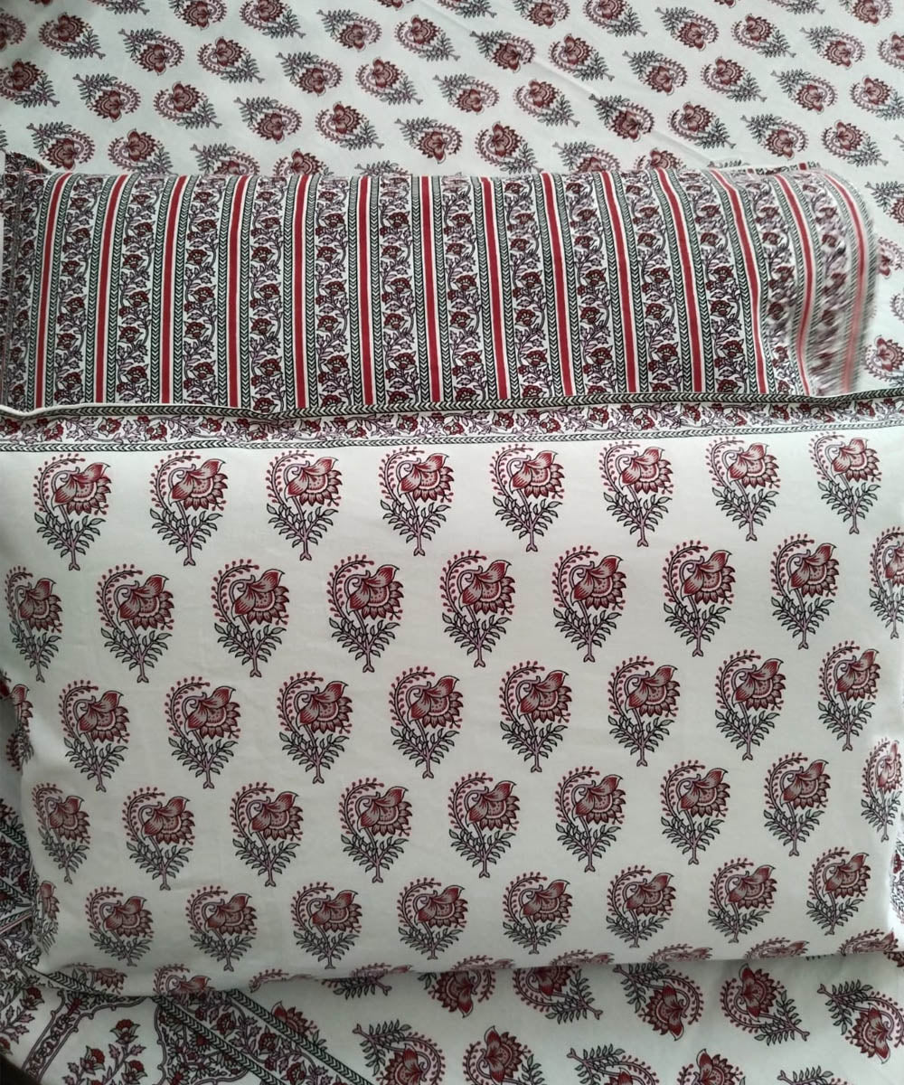 Red white cotton hand block printed double bed bedsheet