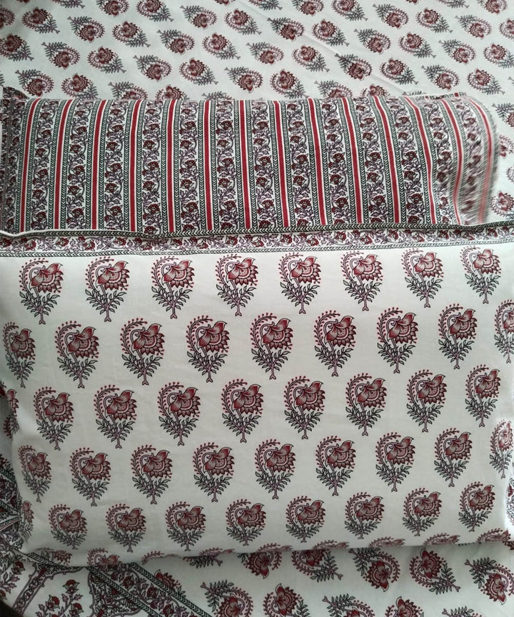 Red white cotton hand block printed double bed bedsheet