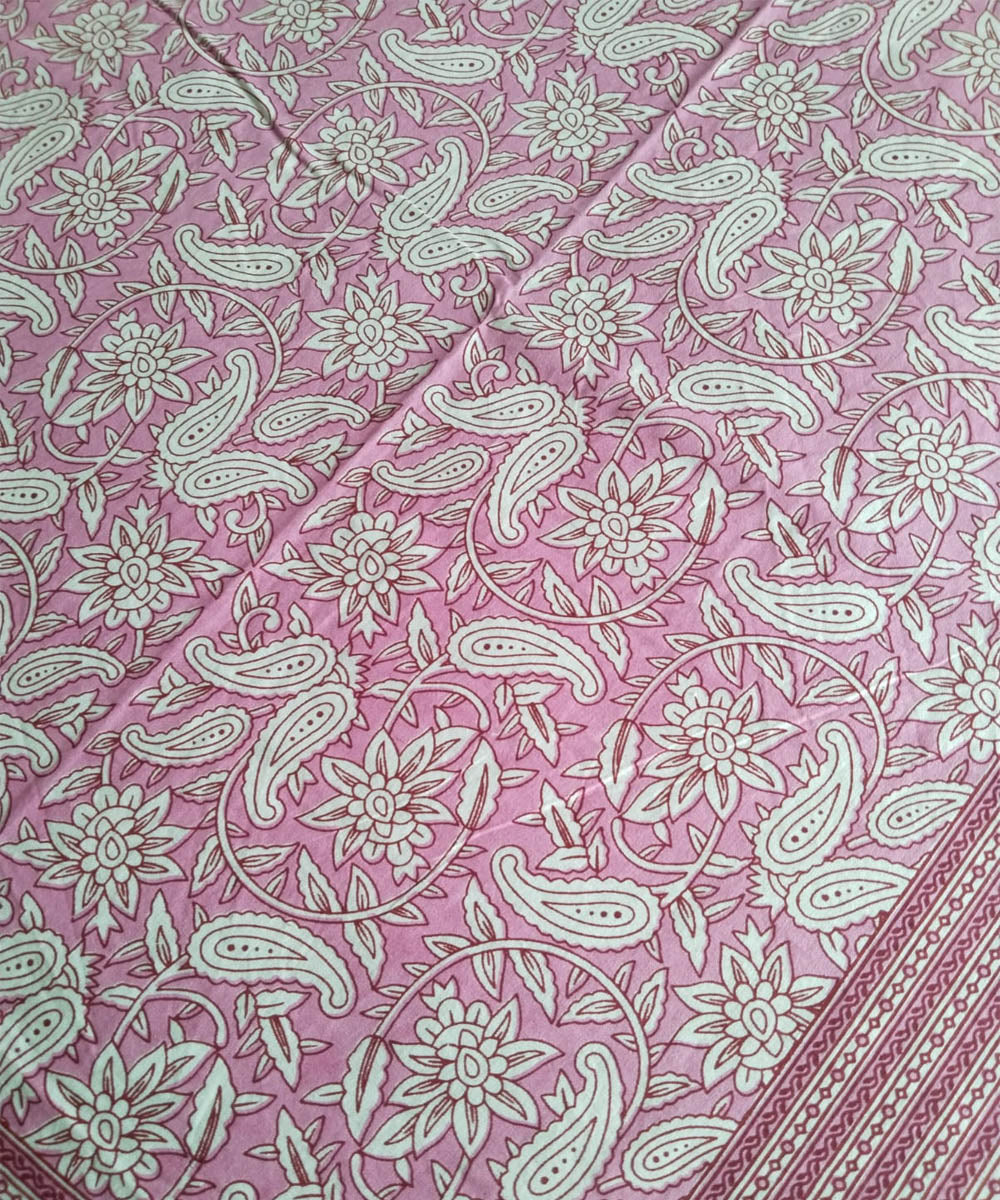 Pink white cotton hand block printed double bed bedsheet