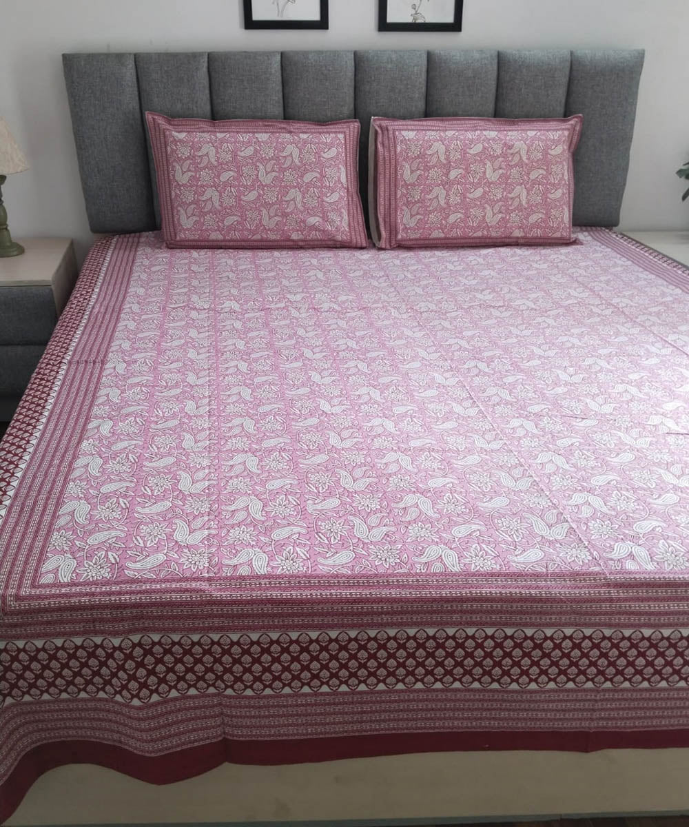 Pink white cotton hand block printed double bed bedsheet