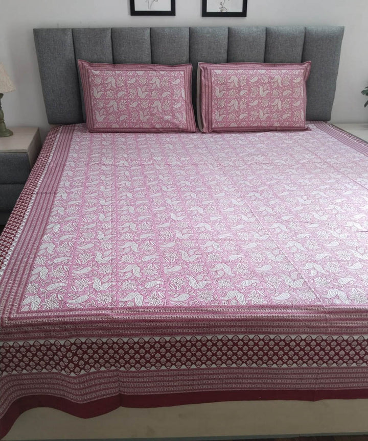 Pink white cotton hand block printed double bed bedsheet