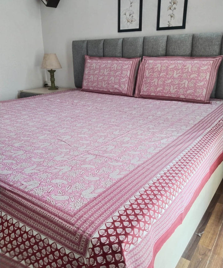 Pink white cotton hand block printed double bed bedsheet