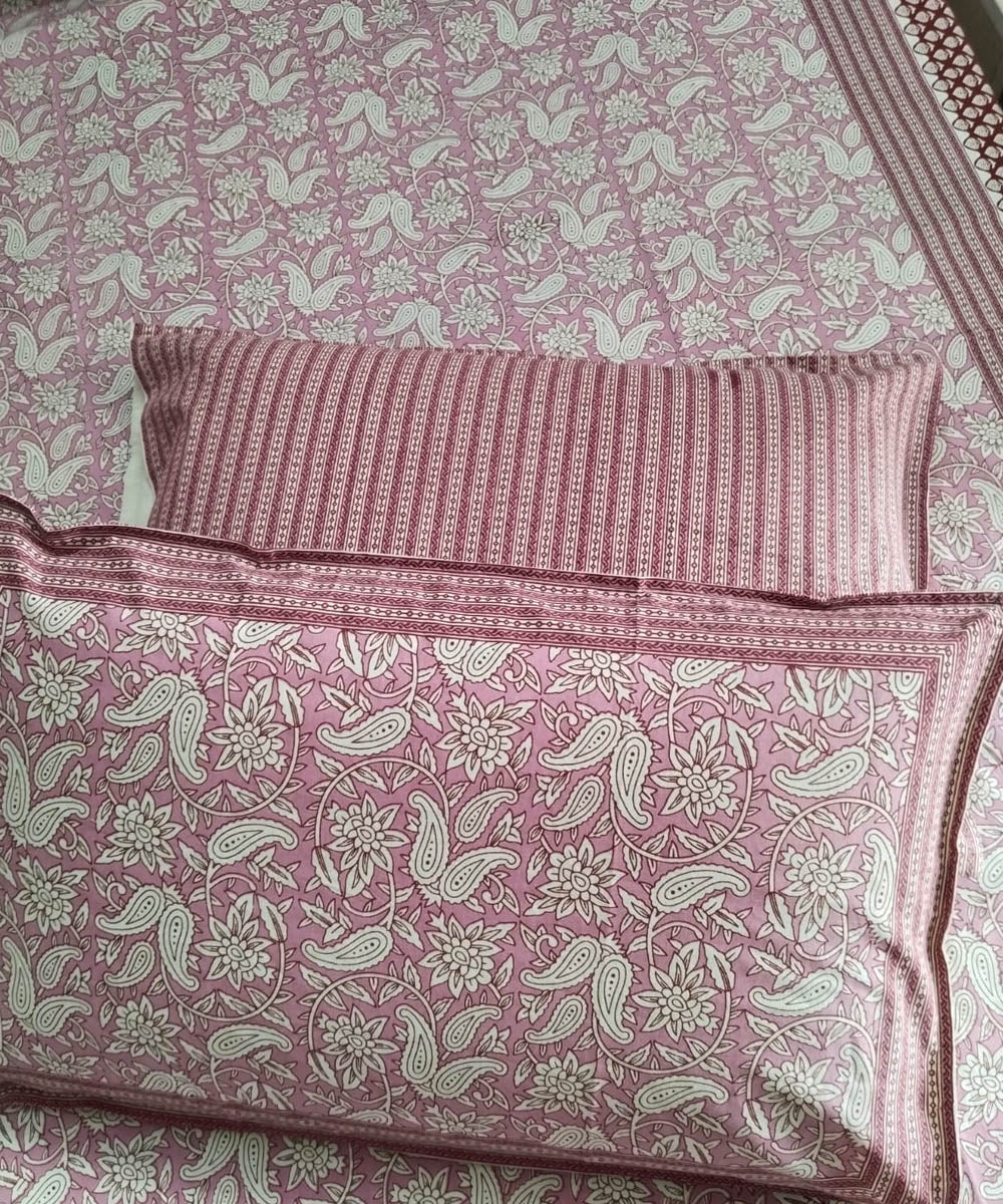 Pink white cotton hand block printed double bed bedsheet