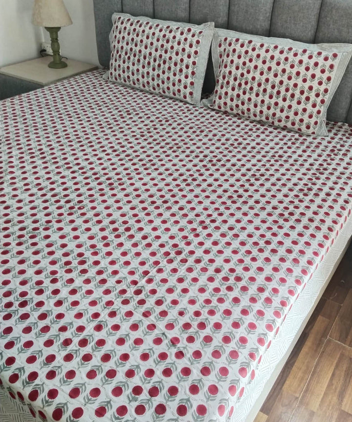 Pink white hand block printed cotton double bed bedsheet