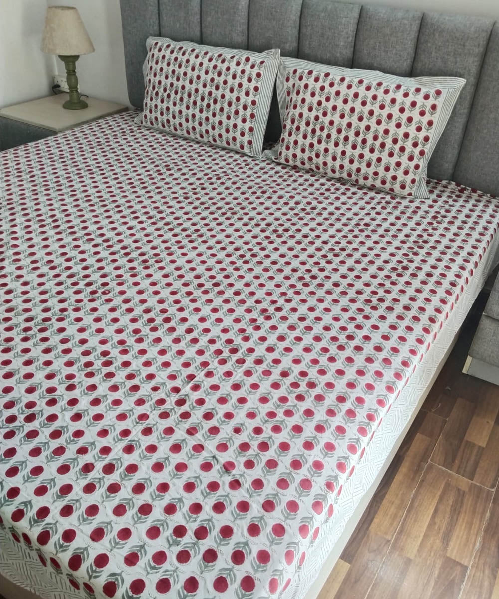 Pink white hand block printed cotton double bed bedsheet