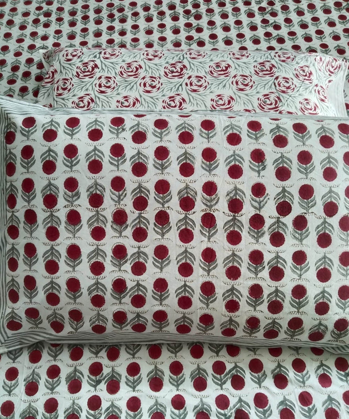 Pink white hand block printed cotton double bed bedsheet