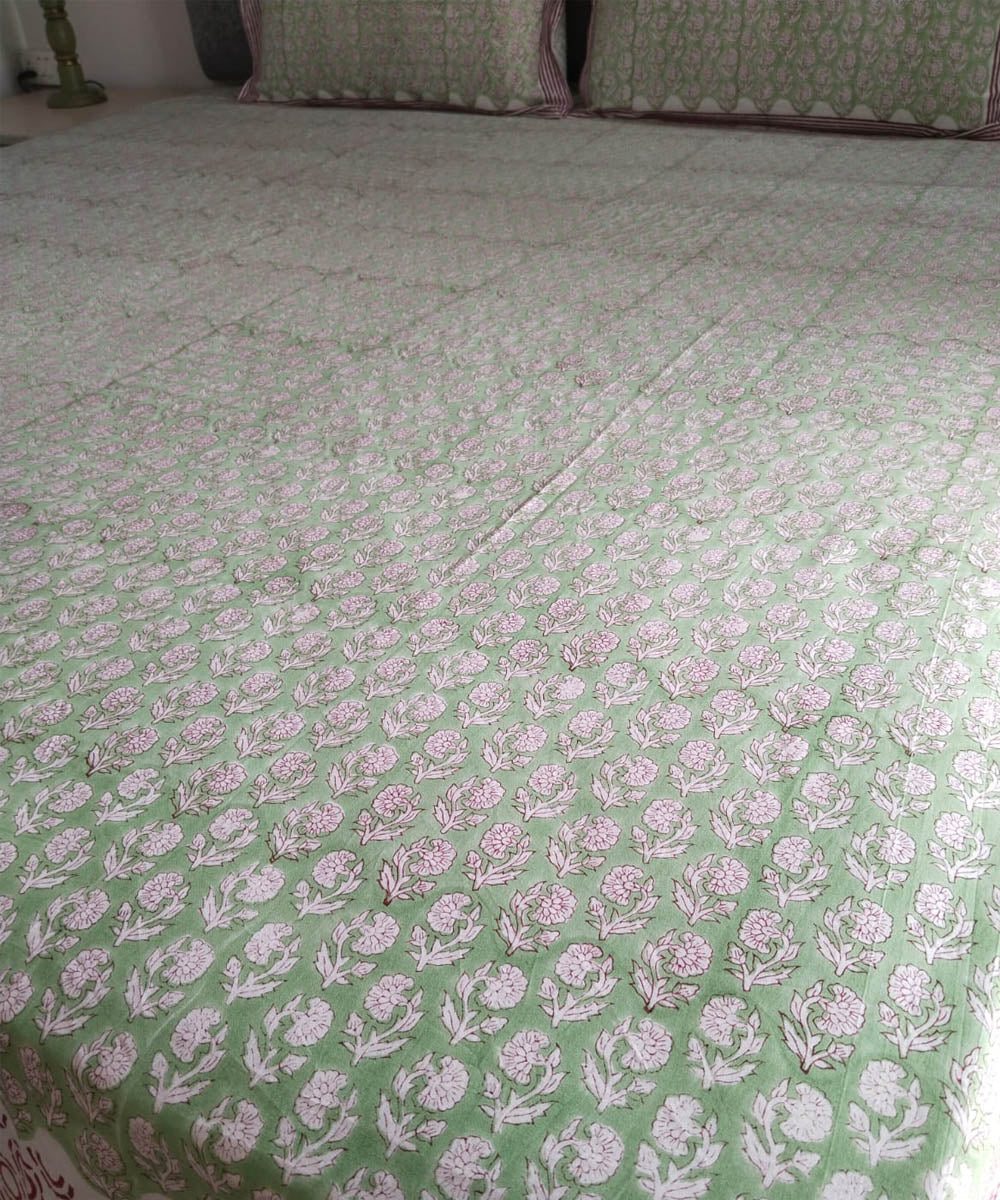 Cyan green white cotton hand block printed double bed bedsheet